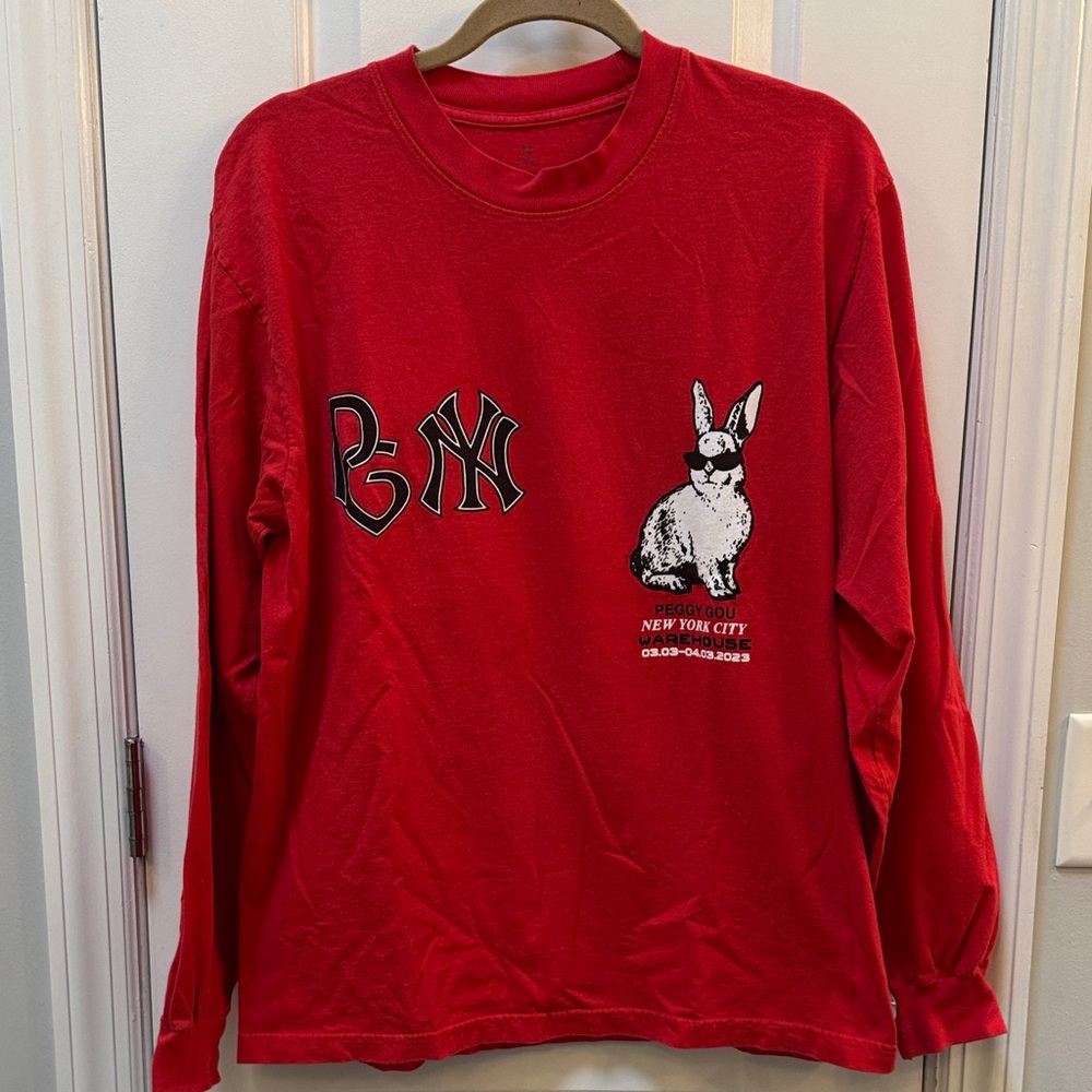 Red Graphic Long Sleeve Tee with Bunny Print